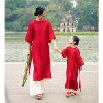Áo dài Tết mẹ và bé COODAN đồng điệu, gấm tơ dệt hoa mềm mại, thoáng mát, giá sỉ tận xưởng, phù hợp gia đình trẻ trung