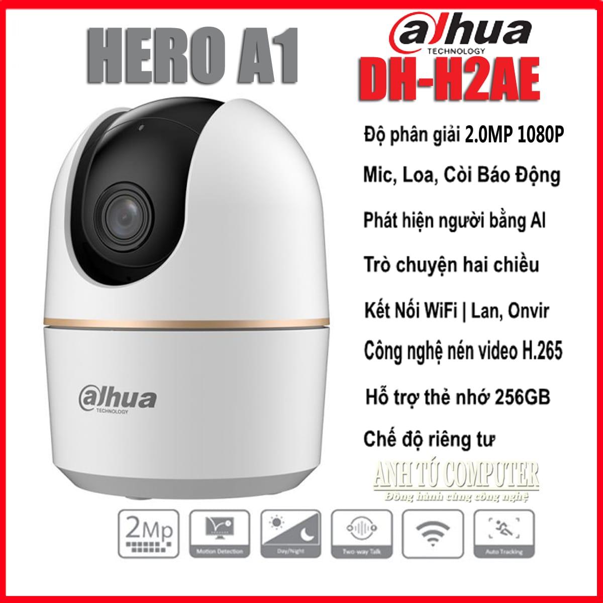 Camera WiFi Dahua DH-H2AE 2MP, quay quét 360°, đàm thoại 2 chiều, phát hiện âm thanh bất thường, hỗ trợ thẻ nhớ 256GB, giám sát trong nhà thông minh