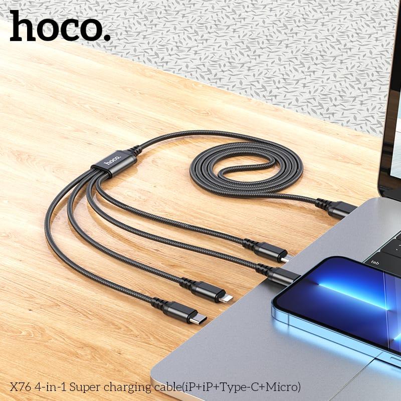 Cáp Sạc 4 Đầu Hoco X76 – Dây Sạc Đa Năng Lightning/Micro/Type-C, Sạc Nhanh 3A, Bền Bỉ, Linh Hoạt, Phù Hợp Với iPhone, Samsung, Xiaomi, iPad, Máy Tính Bảng, Thiết Bị Di Động – Lý Tưởng Cho Người Dùng Nhiều Thiết Bị