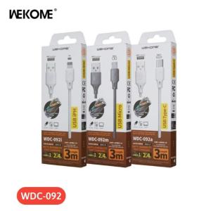Cáp Sạc Nhanh Wekome WDC-092i Lightning 3m, dòng điện 2.4A ổn định, tốc độ truyền dữ liệu 480Mb/s, hỗ trợ USB to Lightning/Micro/Type-C, dây dài 3m tiện lợi, màu đen và trắng sang trọng, phụ kiện chính hãng bền bỉ cho iPhone, Android và tablet
