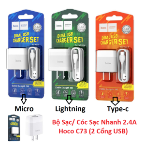 Bộ Sạc/ Cóc Sạc Nhanh HOCO C73 2.4A, 2 Cổng USB Song Song, Dòng Ra 5V-2.4A MAX, Vỏ PC Chống Nhiệt, Kèm Dây X37 1m Lightning/Type-C/Micro, Sạc Nhanh Cho Smartphone & Tablet – Giải Pháp Sạc Di Động