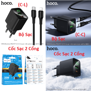 Bộ Sạc Nhanh 20W Hoco CS83A, 2 Cổng USB Type-C & Type-A, hỗ trợ PD QC3.0 FCP AFC, củ sạc nhanh chân EU, kèm cáp C to Lightning 1m, sạc nhanh iPhone, iPad, Android, chống quá nhiệt an toàn tuyệt đối