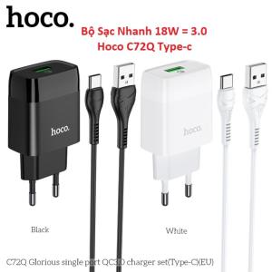 Bộ sạc nhanh Hoco C72Q 18W Type-C, hỗ trợ QC3.0/FCP/AFC, công nghệ sạc siêu tốc 3.0, tự nhận thiết bị, chống quá nhiệt, chất liệu ABS+PC chống cháy, phích EU tiêu chuẩn, kèm dây sạc Type-C 1m an toàn tiện dụng