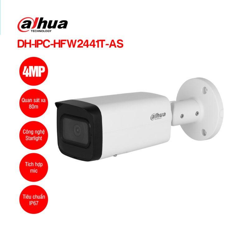 Camera IP Dahua DH IPC HFW2441T AS 4MP WizSense, bullet ống kính cố định, hỗ trợ PoE và 12VDC, tích hợp định dạng triple-stream, phù hợp lắp đặt nhiều camera cùng lúc, tiết kiệm chi phí vận hành và quản lý hiệu quả.