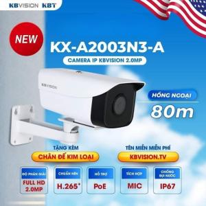 Camera IP KBVISION KX-A2003N3-A 2MP Hồng Ngoại 80m PoE Ngoài Trời, Cảm Biến CMOS 1/2.8″ 1920x1080@25/30fps Siêu Nét, Ống Kính 3.6mm Góc Rộng 86°, Hồng Ngoại Thông Minh 80m Xóa Bóng Tối, Phát Hiện Con Người AI Giảm Báo Giả 98%