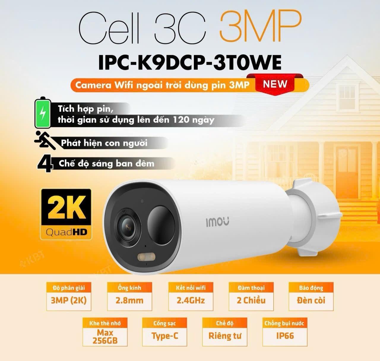 Camera ngoài trời IMOU Cell 3C 3MP IPC-K9DCP-3T0WE-V2 WiFi, lắp nhanh không dây, góc nhìn 121°, đàm thoại hai chiều, hỗ trợ thẻ nhớ microSD tới 256GB, giúp bạn xem rõ người/xe dù trời tối – an tâm 24/7.