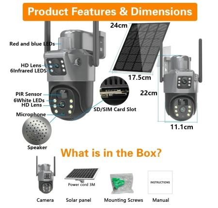 Camera Solar V380 Pro 4K 8 MP, WiFi & 4G, chức năng xoay/PTZ hoặc cố định, ban đêm màu, đèn cảnh báo tích hợp – giúp bạn kiểm soát tài sản và giám sát khi đi vắng.