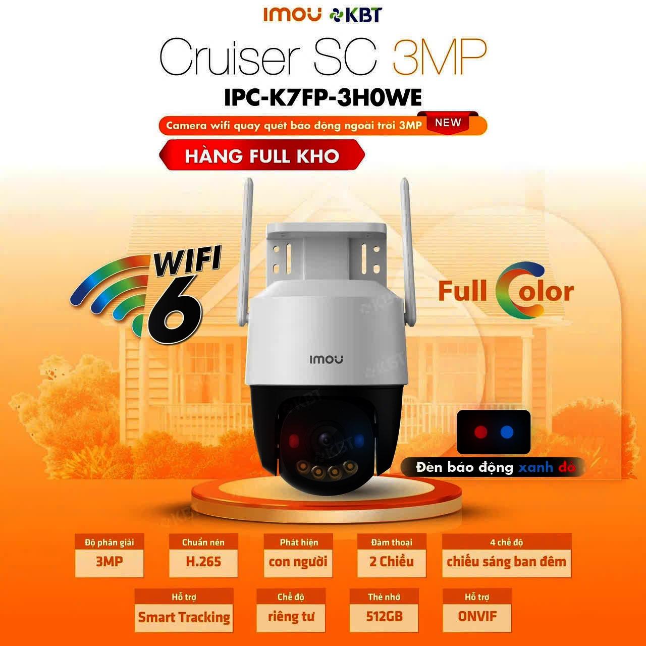Camera WiFi IMOU IPC-K7FP-3H0WE ngoài trời 3MP 3K UHD, xoay 355°/90° toàn cảnh, kết nối WiFi 6 ổn định, cảnh báo AI nhận diện người, chế độ ban đêm màu sắc sống động — giải pháp an ninh thông minh cho gia đình và doanh nghiệp.