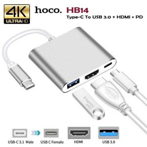 Cáp chuyển Hoco HB14 Type-C ra (HDMI + Type-C + USB 3.0), dây dài 15cm, hợp kim nhôm + ABS, hỗ trợ PD 67W, mở rộng laptop sang HDTV/máy chiếu, tương thích Windows & Mac OS