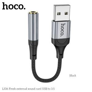 Cáp chuyển USB sang tai nghe 3.5mm Hoco LS36 dài 12cm, dây bện kim loại bền chắc, hỗ trợ mic và điều khiển đường dây, thiết kế nhỏ gọn, tiện lợi, mang lại âm thanh trung thực, tương thích nhiều thiết bị PC, laptop, loa, tai nghe