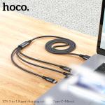 Cáp sạc 3 đầu Hoco X76 dài 1m, hỗ trợ sạc nhanh 2.8A, dây dù chống rối, lõi đồng dẫn điện nhanh, chip thông minh bảo vệ thiết bị, tương thích đa dạng smartphone và tablet
