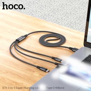 Cáp sạc 3 đầu Hoco X76 dài 1m, hỗ trợ sạc nhanh 2.8A, dây dù chống rối, lõi đồng dẫn điện nhanh, chip thông minh bảo vệ thiết bị, tương thích đa dạng smartphone và tablet