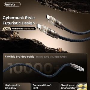 Cáp Sạc Nhanh 100W Remax RC-C130 Type-C to Type-C, dây bọc dù siêu bền dài 1.2m, vỏ hợp kim kẽm chống gãy, màu xám bạc sang trọng, phụ kiện chính hãng cho smartphone, tablet và laptop