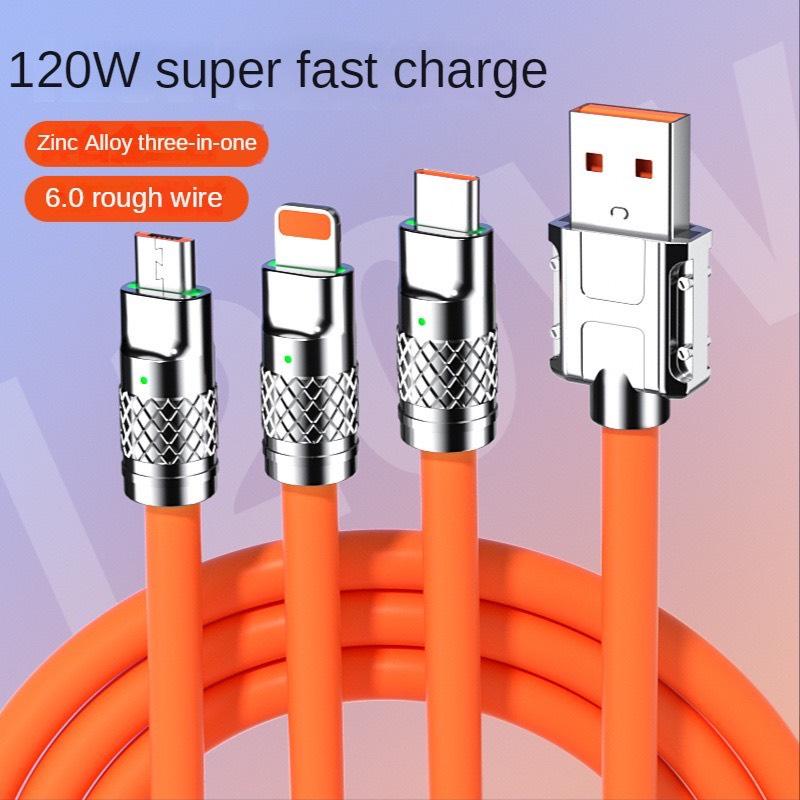 CÁP SẠC NHANH 3 ĐẦU 120W 6A – Lightning, Type-C, Micro – Siêu Bền, Sạc Nhanh, Đa Năng