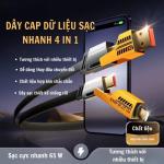 Cáp Sạc Nhanh 4 đầu 65W 4in1, dây sạc đa năng chống gãy, bện nylon siêu bền, hỗ trợ Micro USB, Type-C, Lightning, sạc nhanh an toàn cho Samsung, iPhone, LG, Xiaomi, Huawei, tiện lợi mọi nhu cầu