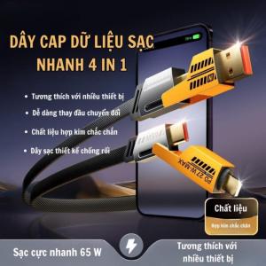Cáp Sạc Nhanh 4 đầu 65W 4in1, dây sạc đa năng chống gãy, bện nylon siêu bền, hỗ trợ Micro USB, Type-C, Lightning, sạc nhanh an toàn cho Samsung, iPhone, LG, Xiaomi, Huawei, tiện lợi mọi nhu cầu