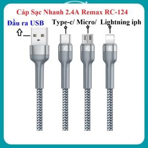 Cáp Sạc Nhanh 6A Remax RC-124 i/a/m 3 đầu Lightning, Type-C, Micro USB, hỗ trợ sạc nhanh 2.4A, thiết kế chống uốn cong, vỏ bọc hợp kim nhôm phun khuôn bền chắc, lõi đồng mạ thiếc dày cho tốc độ sạc nhanh hơn, mang lại trải nghiệm tiện lợi và an toàn