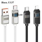 Cáp Sạc Nhanh Hoco U137 USB ra 2 đầu Type-C và Lightning, công suất 66W/60W/27W, hỗ trợ sạc nhanh 2.4A, dây dài 1.2m, trọng lượng 34g, chất liệu sợi bện chống rối, đầu nối hợp kim kẽm bền chắc, lõi đồng dẫn điện mạnh, màn hình LCD hiển thị thông minh
