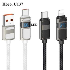 Cáp Sạc Nhanh Hoco U137 USB ra 2 đầu Type-C và Lightning, công suất 66W/60W/27W, hỗ trợ sạc nhanh 2.4A, dây dài 1.2m, trọng lượng 34g, chất liệu sợi bện chống rối, đầu nối hợp kim kẽm bền chắc, lõi đồng dẫn điện mạnh, màn hình LCD hiển thị thông minh