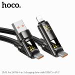 Cáp Sạc Nhanh Hoco U143 4in1, công suất tối đa 240W, hỗ trợ USB-A sang Lightning 2.4A, USB-A sang Type-C 5A, Type-C sang Lightning Apple PD 27W, Type-C sang Type-C 240W, dây dài 1.2m, vỏ PVC bền, đầu hợp kim kẽm chống oxy hóa, lõi đồng chắc chắn