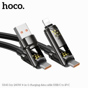 Cáp Sạc Nhanh Hoco U143 4in1, công suất tối đa 240W, hỗ trợ USB-A sang Lightning 2.4A, USB-A sang Type-C 5A, Type-C sang Lightning Apple PD 27W, Type-C sang Type-C 240W, dây dài 1.2m, vỏ PVC bền, đầu hợp kim kẽm chống oxy hóa, lõi đồng chắc chắn