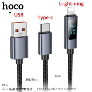 Cáp Sạc Nhanh Hoco X112 Led 5A 66W/60W/27W/2.4A, USB ra 2 đầu Type-C và Lightning IP, dây bện dài 1m bền bỉ, đầu nối hợp kim nhôm sáng bóng, lõi dẫn điện to ổn định, hỗ trợ sạc laptop 60W và điện thoại 3A, màn hình LED hiển thị nguồn điện thời gian t