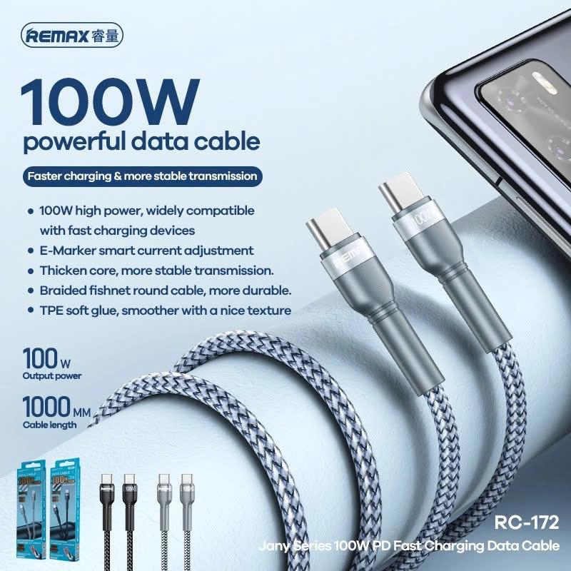 Cáp sạc nhanh Remax 100W RC-172 USB-C sang USB-C – Truyền dữ liệu tốc độ cao, sạc pin an toàn, dây nylon chống gập, đầu nối hợp kim cao cấp, dài 1.2m, giải pháp hoàn hảo cho người dùng laptop và smartphone