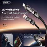 Cáp Sạc Nhanh Remax C1 4in1, công suất tối đa 240W, hỗ trợ USB-A to Lightning 12W, USB-A to Type-C 30W, Type-C to Type-C 240W, Type-C to Lightning 30W, dây dài 1.2m, tốc độ truyền dữ liệu 480Mb/s, tuổi thọ 5000 lần cắm rút, phụ kiện chính hãng bền bỉ