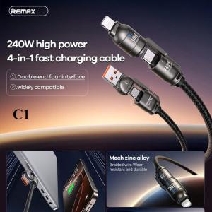 Cáp Sạc Nhanh Remax C1 4in1, công suất tối đa 240W, hỗ trợ USB-A to Lightning 12W, USB-A to Type-C 30W, Type-C to Type-C 240W, Type-C to Lightning 30W, dây dài 1.2m, tốc độ truyền dữ liệu 480Mb/s, tuổi thọ 5000 lần cắm rút, phụ kiện chính hãng bền bỉ