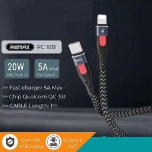 Cáp sạc nhanh Remax RC-188i 20W Type-C to Lightning, tốc độ 5A, truyền dữ liệu 480Mbps, dây bọc dù siêu bền, dài 1m, tương thích iPhone 8 đến 13 Pro Max, bảo hành chính hãng, giải pháp tối ưu cho sạc nhanh an toàn.