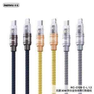 Cáp sạc nhanh Remax RC-C129 30W, Type-C to Lightning, dây dài 1.2m, chất liệu hợp kim kẽm + dây bọc dù, hỗ trợ sạc nhanh 15V/2A, truyền dữ liệu tốc độ cao, màu xanh/xám bạc/vàng, thiết kế sang trọng, bền bỉ vượt trội cho iPhone và iPad
