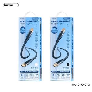 Cáp Sạc Nhanh Remax RC-C170 60W, dây sạc 2 đầu Type-C dài 1m, chip thông minh tự điều chỉnh dòng sạc, hỗ trợ laptop 30W-45W-60W, dây vải bện mật độ cao chống rối chống gãy, đầu cáp mạ kim loại bền bỉ, truyền dữ liệu tốc độ 480Mbps.