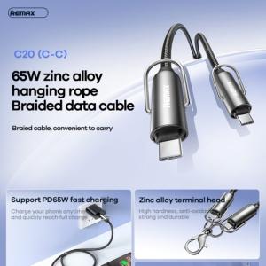 Cáp Sạc Nhanh Remax RC-C20 Type-C to Type-C, công suất tối đa 65W (20V-3.25A), dây dài 1.2m, chất liệu hợp kim kẽm + dệt siêu bền, vỏ nhôm định hình chống gãy, hỗ trợ sạc nhanh và truyền dữ liệu ổn định, phụ kiện chính hãng cho laptop, MacBook, smart