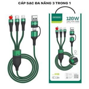 Cáp sạc nhanh Sendem M38 120W, 2 ra 3 đầu đa năng Micro, Type-C, Lightning, dây dài 1.2m, hỗ trợ sạc nhanh 5A, chất liệu dây dù chống đứt, truyền dữ liệu ổn định, tương thích iPhone, Samsung, Oppo, Xiaomi, thiết kế bền bỉ, tiện lợi