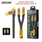 Cáp Sạc Nhanh Wekome WDC-26 4in1, công suất tối đa 65W, hỗ trợ USB và Type-C sang Lightning/Type-C, tốc độ truyền dữ liệu 480Mbps, dây dài 1.2m, đầu nối hợp kim kẽm bền chắc, sạc đa thiết bị, giải pháp tối ưu cho iPhone, iPad, MacBook và smartphone A