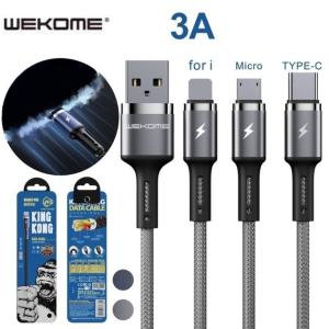 Cáp Sạc Nhanh Wekome WK-128 Micro, công suất 3A, truyền dữ liệu chuẩn 480Mbps, đa năng Lightning, Micro USB, Type-C, dây bọc dù chống rối dài 1m, màu đen, phụ kiện chính hãng cho smartphone