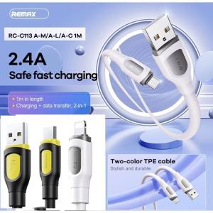 Cáp Sạc Remax RC-C113 USB Ra Lightning, Type-C, Micro 2.4A tốc độ cao, truyền dữ liệu 480Mbps, chiều dài 1.2m, màu đen trắng, bền bỉ, tiện lợi, tối ưu cho iPhone, Android, thiết bị di động, hỗ trợ sạc nhanh và an toàn