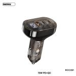 Cóc sạc 72W Remax RCC351 xe hơi, 2 cổng Type-C + USB, màn hình LED hiển thị điện áp ắc quy, hỗ trợ PD3.0/QC3.0/AFC/FCP/SCP, chất liệu trong suốt độc đáo, sạc nhanh nhiều thiết bị cùng lúc, tiện lợi cho ô tô