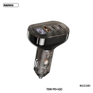 Cóc sạc 72W Remax RCC351 xe hơi, 2 cổng Type-C + USB, màn hình LED hiển thị điện áp ắc quy, hỗ trợ PD3.0/QC3.0/AFC/FCP/SCP, chất liệu trong suốt độc đáo, sạc nhanh nhiều thiết bị cùng lúc, tiện lợi cho ô tô
