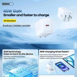 Cóc Sạc Nhanh 45W Remax RP-U185, Type-C, hỗ trợ PPS, công suất tối đa 45W, đầu ra đa chuẩn 5V-20V, bảo vệ an toàn thiết bị, tương thích iPhone, Samsung, Xiaomi, Huawei, hoàn hảo cho văn phòng và gia đình.