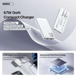 Cốc Sạc Nhanh 67W Remax RP-U17, công nghệ GaN siêu mỏng, sạc đa thiết bị USB-C và USB-A, công suất tối đa 67W, an toàn chống quá dòng, di động lý tưởng cho du lịch, tương thích điện thoại, tablet, laptop.