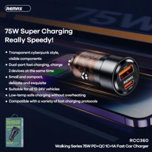 Cóc Sạc Nhanh 75W Xe Ô Tô Remax RCC360, Hỗ Trợ Sạc PD PPS QC3.0, 2 Cổng USB + Type-C, Sạc Cực Nhanh Cho Laptop, iPhone, Samsung, Xiaomi, Hợp Kim Cao Cấp, Tản Nhiệt Tốt, Bảo Vệ Quá Nhiệt An Toàn Tuyệt Đối