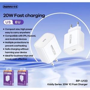 Cóc Sạc Type-C Remax RP-U133 20W Chân Dẹp US, Hỗ Trợ Sạc Nhanh PD, Công Suất 20W, Tương Thích Mọi Thiết Bị Có Hỗ Trợ Type-C, Thiết Kế Nhỏ Gọn, An Toàn, Chống Nóng Máy Khi Sạc