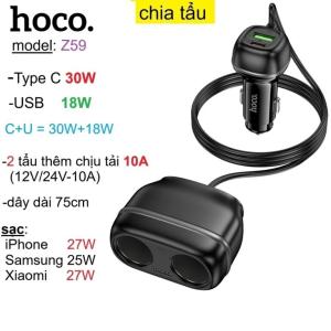 Cóc Sạc Xe Nhanh 240W Hoco Z59 Có Led, tẩu sạc ô tô 4 in 1, cổng Type-C + USB + 2 ổ cắm tẩu, công suất tối đa 30W, hỗ trợ QC/PD/PPS, dây dài 75cm, vật liệu nhựa ABS bền bỉ, an toàn và tiện lợi cho mọi loại xe.