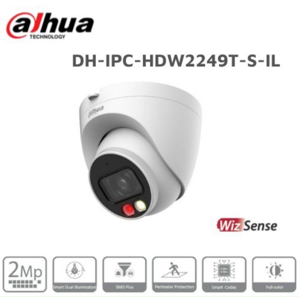 Dahua DH IPC HDW2249T S IL Camera IP 2 MP Smart Dual Light, công nghệ WizSense phân loại người và phương tiện, độ nhạy cực thấp 0.002 lux, thân IP67 chống nước, dành cho lắp ngoài trời sân vườn, ban công, kho xưởng.