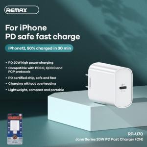 Remax RP-U70 củ sạc nhanh PD 20W Type-C, hỗ trợ sạc nhanh chuẩn PD 3.0, tương thích iPhone, iPad, Galaxy, công suất ổn định, vỏ PC chống cháy, thiết kế nhỏ gọn bền bỉ và tinh tế