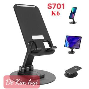 Giá đỡ điện thoại, máy tính bảng S701/K6 kim loại cao cấp xoay 360°, đế chống trượt, thanh dày chắc chắn, kích thước 12x6.7cm, phù hợp thiết bị dưới 12 inch, tiện lợi cho học tập, làm việc, xem phim và livestream