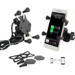 Giá kẹp điện thoại xe máy 4 chân chữ X, có cổng sạc nhanh tiện lợi, thiết kế chắc chắn cứng cáp, giữ điện thoại an toàn chống rơi, kèm dây thun cố định, gắn được ở chân gương hoặc ghi đông, hỗ trợ xem bản đồ và làm camera hành trình