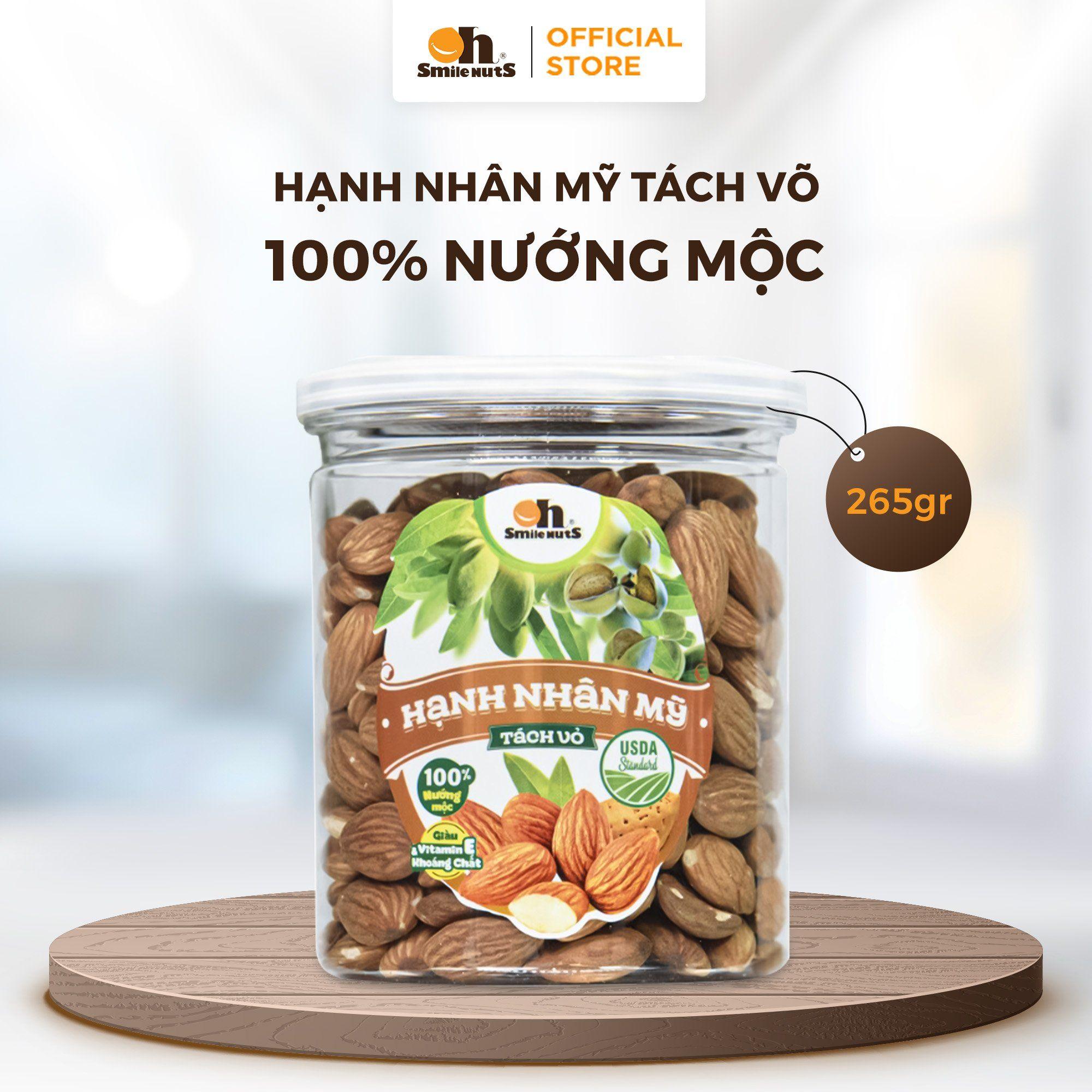 Hạt hạnh nhân Mỹ tách vỏ nướng mộc 265g, Oh! Smile Nuts, snack hạt nguyên bản, giữ vỏ xanh, giàu vitamin E & chất chống oxy hóa, snack cao cấp cho sức khỏe