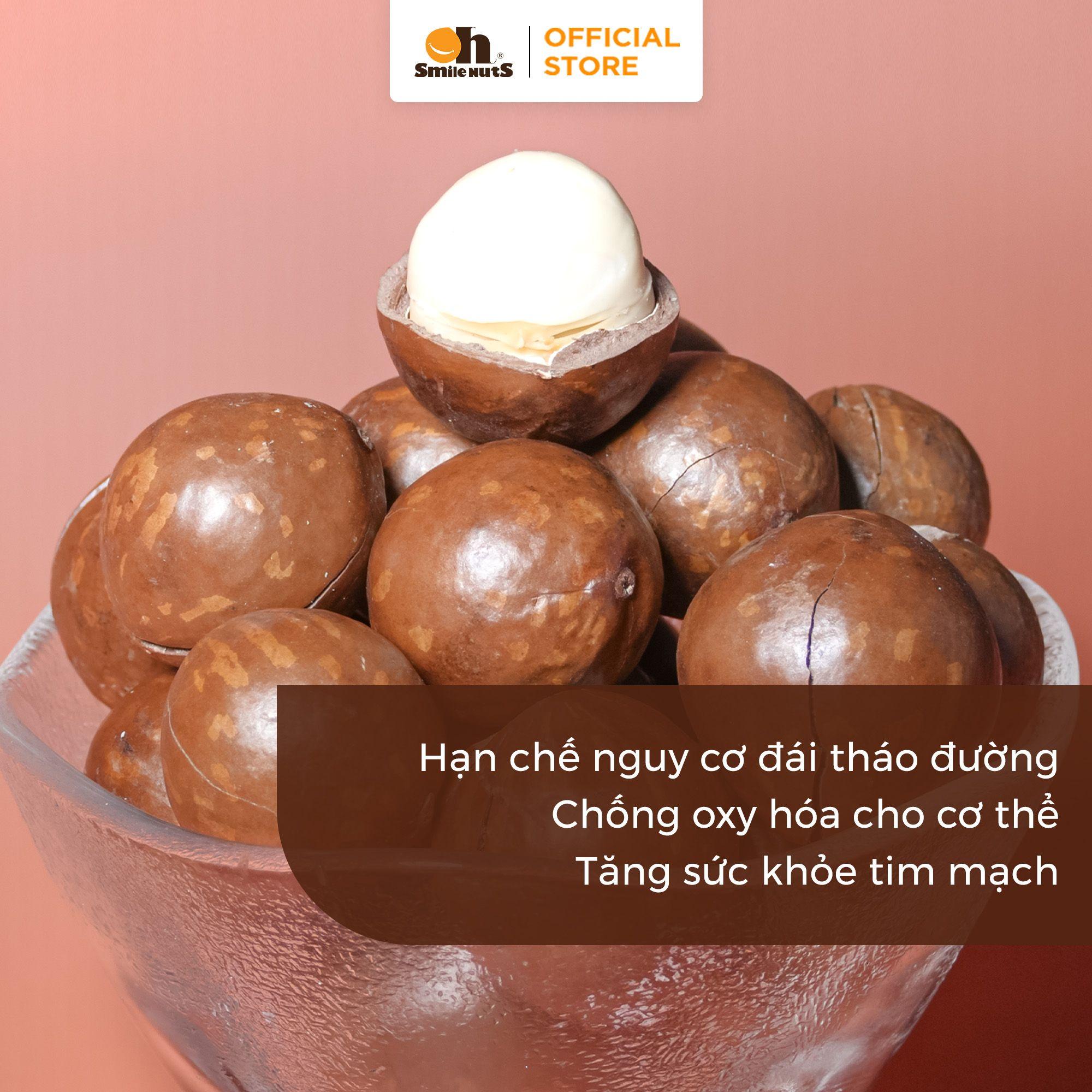 Hạt Macca Úc nguyên vỏ 500g Oh! Smile Nuts, hạt macadamia tươi rang khô tự nhiên, không muối, mềm mịn như bơ, giàu vitamin E, mangan và chất xơ, giúp cải thiện sức khỏe tim mạch và làn da sáng mịn